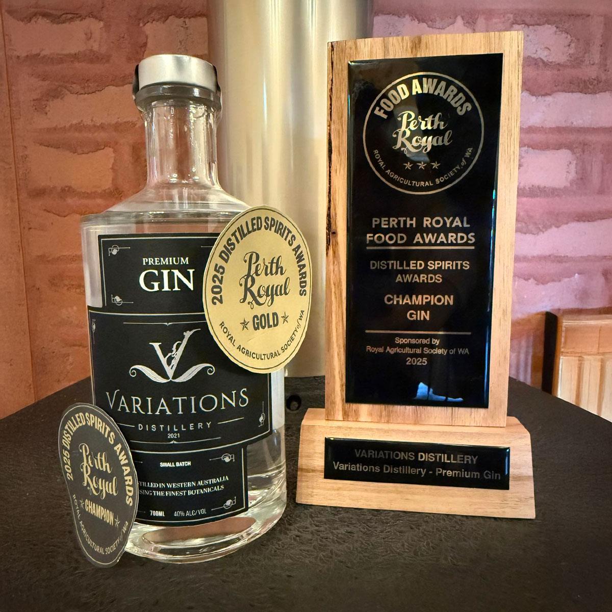 Variations Distillery Premium Dry Gin with award badges and trophy